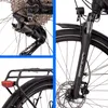 A collage of close-up images of an e-bike, showing the rear derailleur, front fork with disc brake, and rear rack with taillight. Produktbild-Vorschau
