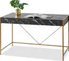 A black marble desk with gold legs and a plant on top. Voir les images du produit