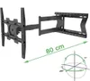 A black TV wall mount is shown extended on a white background, with a measurement line indicating 80 cm and a diagram showing rotation angles. Produktbild-Vorschau