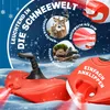 A red sled with lights in a snowy environment, surrounded by marketing graphics and text. Produktbild-Vorschau