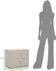 A nightstand with dimensions indicated, placed next to a silhouette of a person for scale. Náhled obrázku produktu