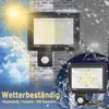 The image shows two LED floodlights mounted on a brick wall, one under a bright sun and clouds, and the other in a rainy environment. Text below highlights weather resistance. Produktbild-Vorschau