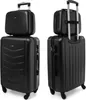 Two views of a black luggage set, consisting of a larger suitcase and a smaller cosmetic case stacked on top. Náhled obrázku produktu