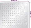 A square shower head with multiple small holes, shown from above. Dimensions are indicated with text. Produktbild-Vorschau