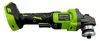 A cordless angle grinder with a battery pack and a label on the body. Produktbild-Vorschau