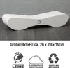 A white, curved product is shown on a wooden floor with a gray wall in the background. Below the product are marketing icons and text. Produktbild-Vorschau