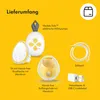 A collection of Medela Solo electric breast pump components and accessories laid out on a yellow background, with descriptive text labels. Voir les images du produit