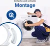 A man in a uniform is kneeling next to a washing machine, holding a screwdriver and giving a thumbs up. There is a close-up inset of white plastic parts. Produktbild-Vorschau