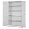 An open, empty metal filing cabinet with multiple shelves. Produktbild-Vorschau