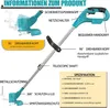 Diagram of a cordless grass trimmer with labels pointing out its features and specifications. Produktbild-Vorschau