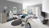 A modern bedroom with a bed, wardrobe, desk, and TV. Produktbild-Vorschau