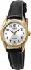 A close-up studio shot of a gold-toned Casio women's watch with a white face and a black leather strap. Produktbild-Vorschau