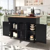 A black kitchen island with a wooden countertop is shown in a kitchen setting. The island has drawers and cabinets with open doors, revealing storage space and bowls. The background shows kitchen cabinets, a sink, and a window with blinds. Produktbild-Vorschau