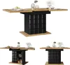 Collage of a modern extendable dining table with a black pedestal base and wood-effect top, shown in different configurations and views. Produktbild-Vorschau