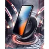 A smartphone case is shown on a wireless charger with a futuristic, industrial background. Náhled obrázku produktu