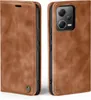 A brown leather flip case for a smartphone is shown from two angles, front and back. Produktbild-Vorschau