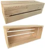 Two wooden crates are shown against a white background. The top crate is closed and viewed from an angle, while the bottom crate is open and viewed from the side. Produktbild-Vorschau
