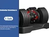 A close-up marketing image of an adjustable dumbbell on its stand, with text overlays highlighting its features. Produktbild-Vorschau