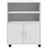 A white cabinet with two doors and two open shelves, mounted on wheels. Podgląd zdjęcia produktu