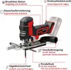 A professional product shot of a cordless jigsaw with various features highlighted by text labels and lines. Produktbild-Vorschau