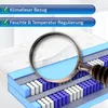 A cutaway view of a mattress with a magnifying glass highlighting its layers and features. Produktbild-Vorschau
