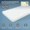 A white cold foam mattress is shown on a light blue background with various icons and text describing its features. Produktbild-Vorschau