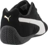 A close-up, rear-facing view of a black Puma Speedcat sneaker with white accents and a gold Puma logo. Voir les images du produit
