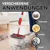 A person is using a red cordless sweeper on a wooden floor with dirt, pet hair, and crumbs shown in circles with text labels. Produktbild-Vorschau