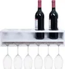 A white wooden wine rack with two bottles of red wine on top and six wine glasses hanging underneath. Podgląd zdjęcia produktu
