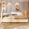 A modern bedroom with a bed featuring integrated lighting and storage. Produktbild-Vorschau
