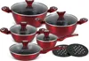 A set of red cookware with glass lids is arranged on a white background. Podgląd zdjęcia produktu