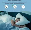 A woman sleeping peacefully in bed, with text and graphics above explaining the benefits of deep pressure stimulation for sleep. Produktbild-Vorschau