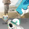 A person running on a beach with a phone case overlayed with marketing text. Produktbild-Vorschau