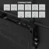 A close-up view of the back panel of a television, showcasing various input and output connectors, with accompanying icons and labels. Produktbild-Vorschau