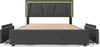 A modern upholstered bed frame with a geometric headboard featuring integrated LED lighting and two pull-out storage drawers on each side. Náhled obrázku produktu