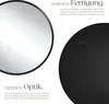 A split image showing the front and back of a round mirror, with descriptive text. Produktbild-Vorschau