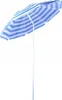 A blue and white striped beach umbrella on a white background. Produktbild-Vorschau