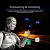 A futuristic robot holding a cube labeled 'AI' with various software logos floating around it, set against a dark background with streaks of orange light. Produktbild-Vorschau