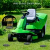 A green lawnmower is parked on a grassy lawn, with several solar lights placed around it. A circular inset shows a close-up of one solar light with arrows indicating it can withstand 100KG of weight. Produktbild-Vorschau