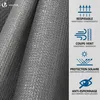 A close-up of a grey fabric material with informational icons and text on the right side. Produktbild-Vorschau