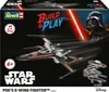 The image shows the packaging of a Revell Build & Play Poe's X-Wing Fighter model kit. The box features a dynamic illustration of the X-Wing fighter in action, with Darth Vader in the background. Text and logos indicate the brand, product name, and feature Produktbild-Vorschau
