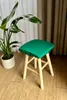 A green cushion on a wooden stool next to a potted plant. Produktbild-Vorschau