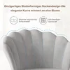 Close-up of a gray chair with decorative stitching and text overlays describing its features. Produktbild-Vorschau