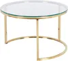 A round glass coffee table with a gold metal frame, shown from a side angle on a white background. Náhľad obrázku produktu