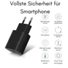 A black smartphone charger is shown next to a list of its safety features, presented as icons and text. Produktbild-Vorschau