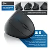 A close-up marketing image of a black vertical mouse for left-handed users, with text overlays highlighting features and branding. Produktbild-Vorschau