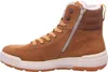 A side view of a brown leather boot with a white sole and a zipper. Voir les images du produit