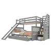 A grey bunk bed with a slide and stairs, set against a white background. Produktbild-Vorschau