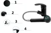 A black kitchen faucet with a pull-out spray head and a flexible hose, shown with numbered callouts pointing to different parts of the faucet. Anteprima dell’immagine prodotto