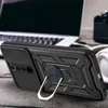 A black phone case with a ring stand is placed on a wooden surface, with a laptop and headphones in the background. Produktbild-Vorschau